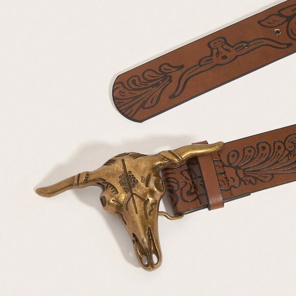 Brown Western Style Women's faux Leather Cowgirl Belt with Antique Gold Buckle - Picture 4 of 4